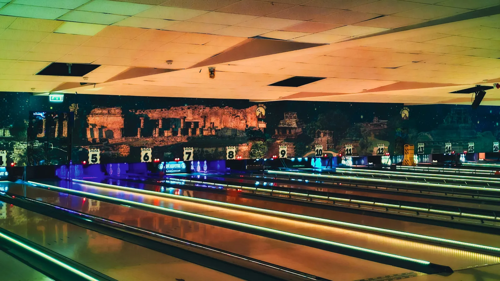 a bowling alley with a bowling alley