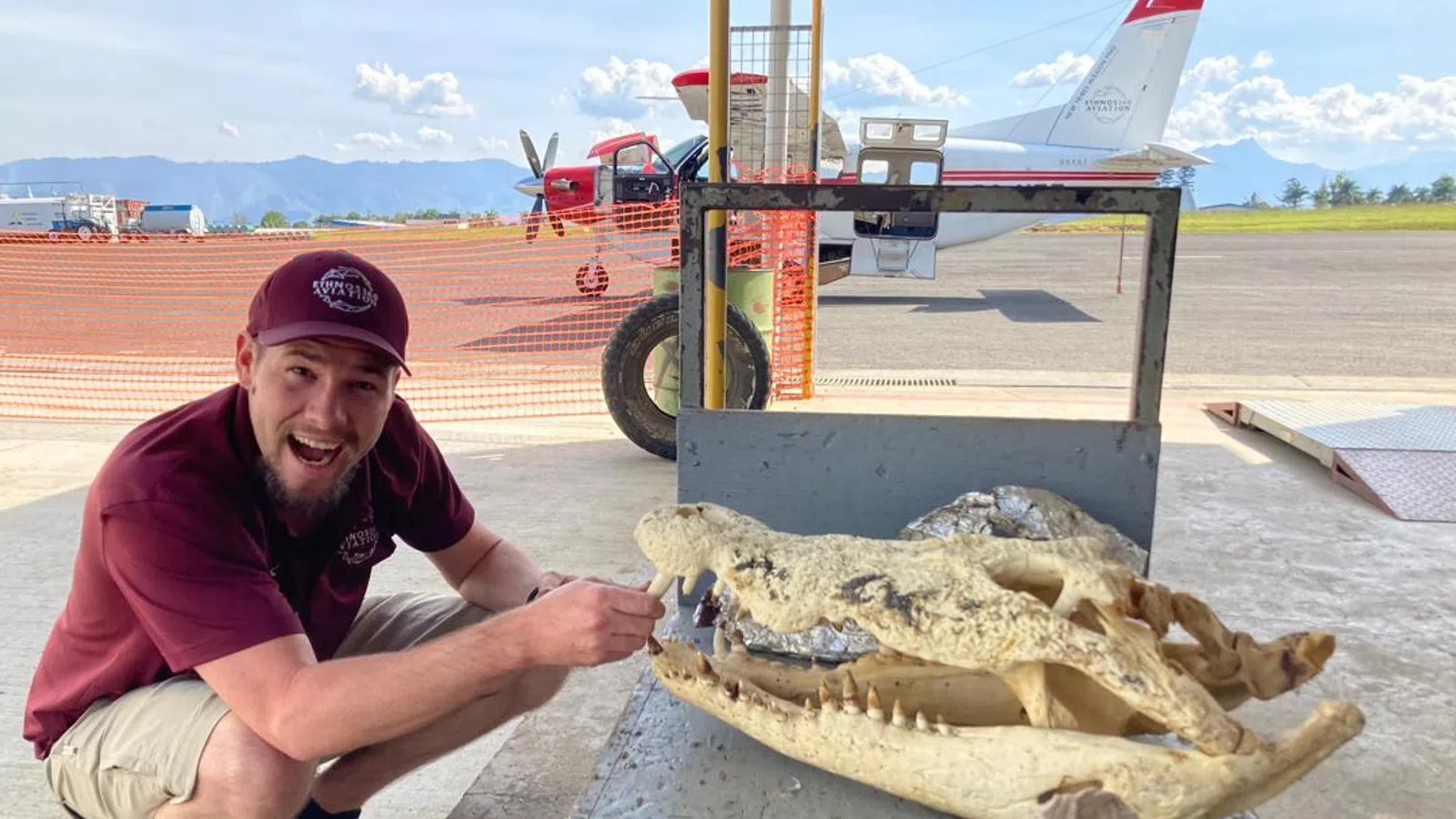 Man in maroon cap and shirt squatting by large alligator skull on a table near a small airplane on runway