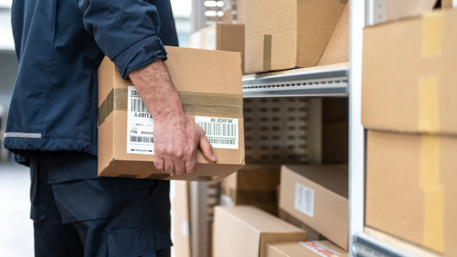 Worker in blue uniform holding a cardboard box with barcode label in a storage room filled with stacked packages