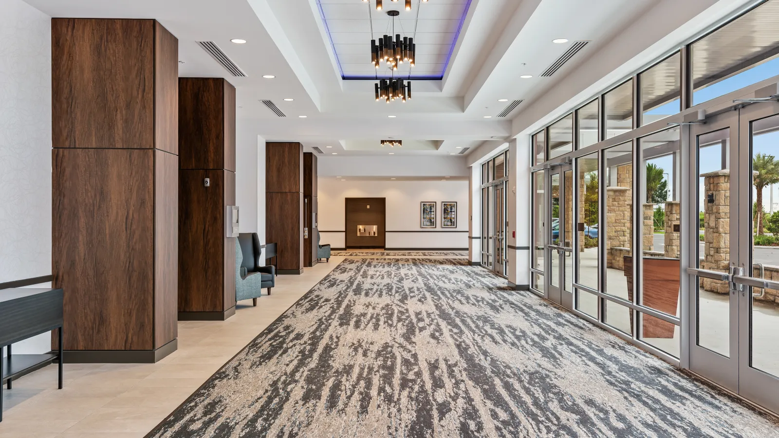 a large room with glass walls