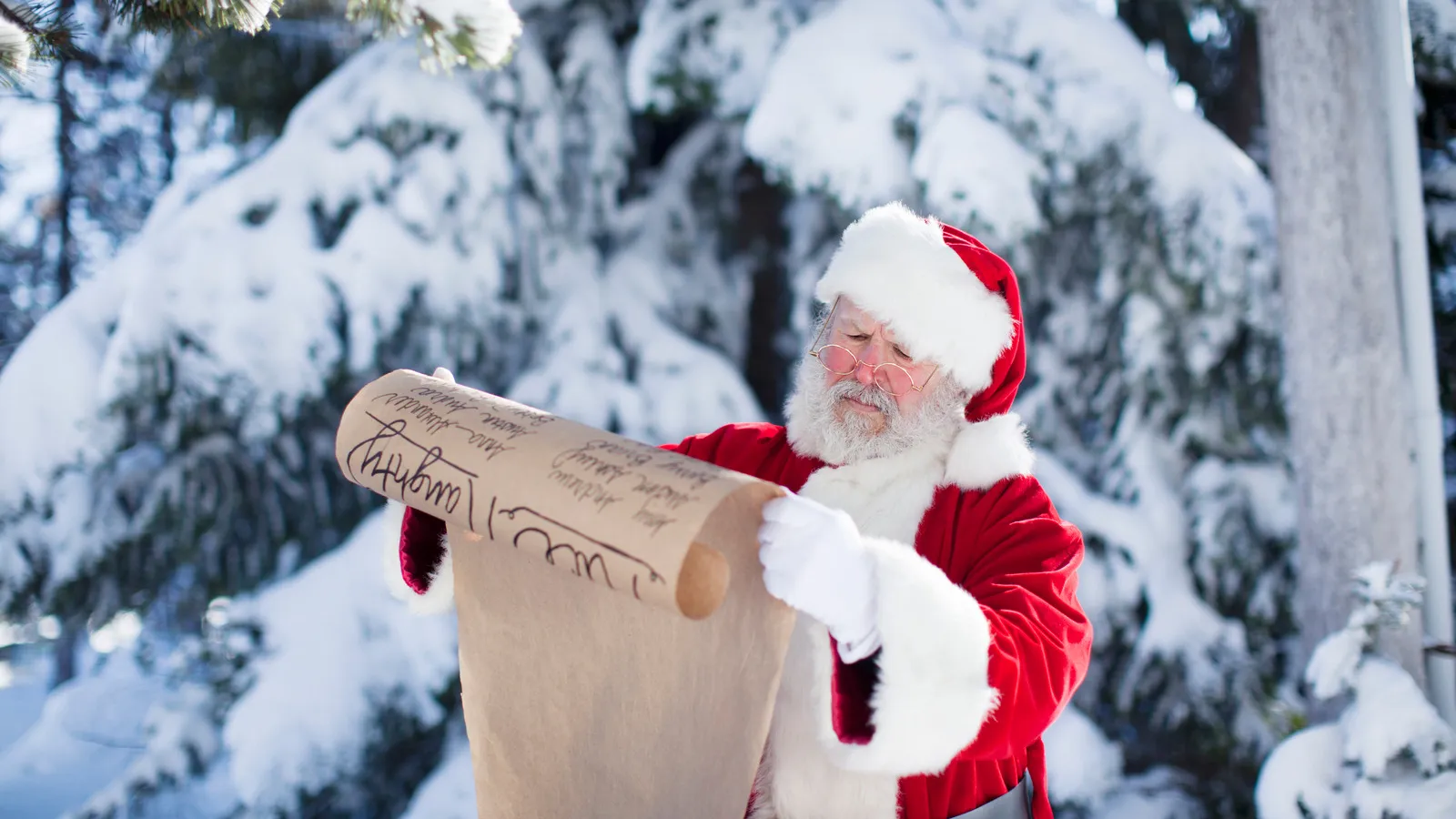 Santa Claus in red suit reading a long naughty and nice list in snowy forest during winter.