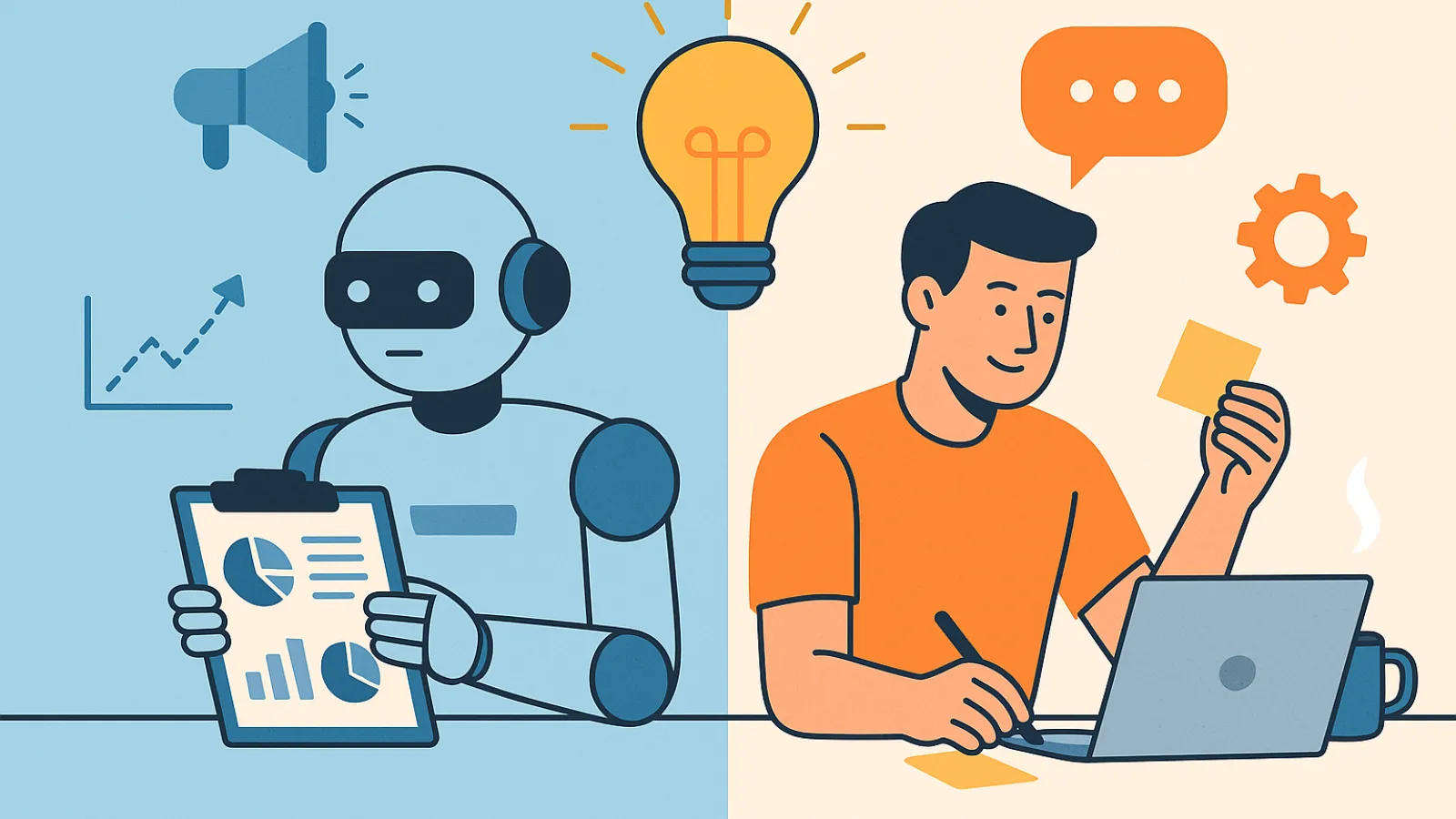 Illustration of a robot analyzing data and a man brainstorming ideas side by side, symbolizing AI and human collaboration.
