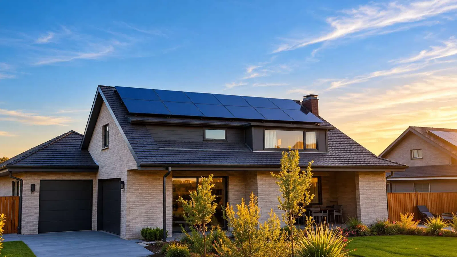 Modern house with solar panels on roof during sunset and landscaped front yard with small trees and shrubs