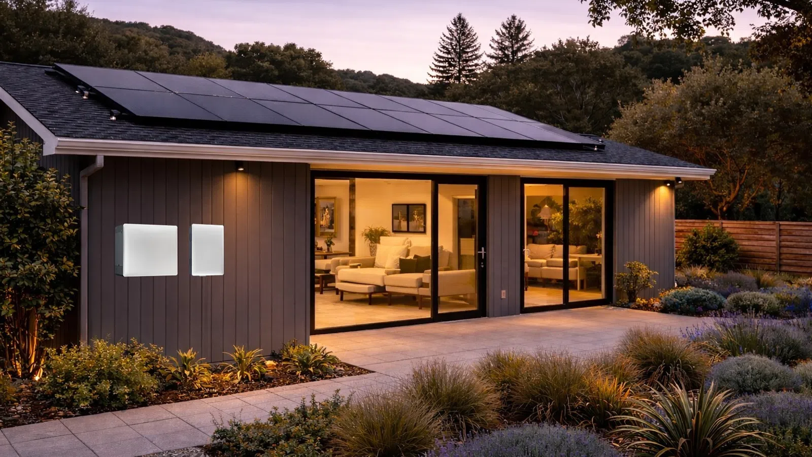 Modern backyard studio with solar panels on the roof, large glass doors, and landscaped garden at dusk.