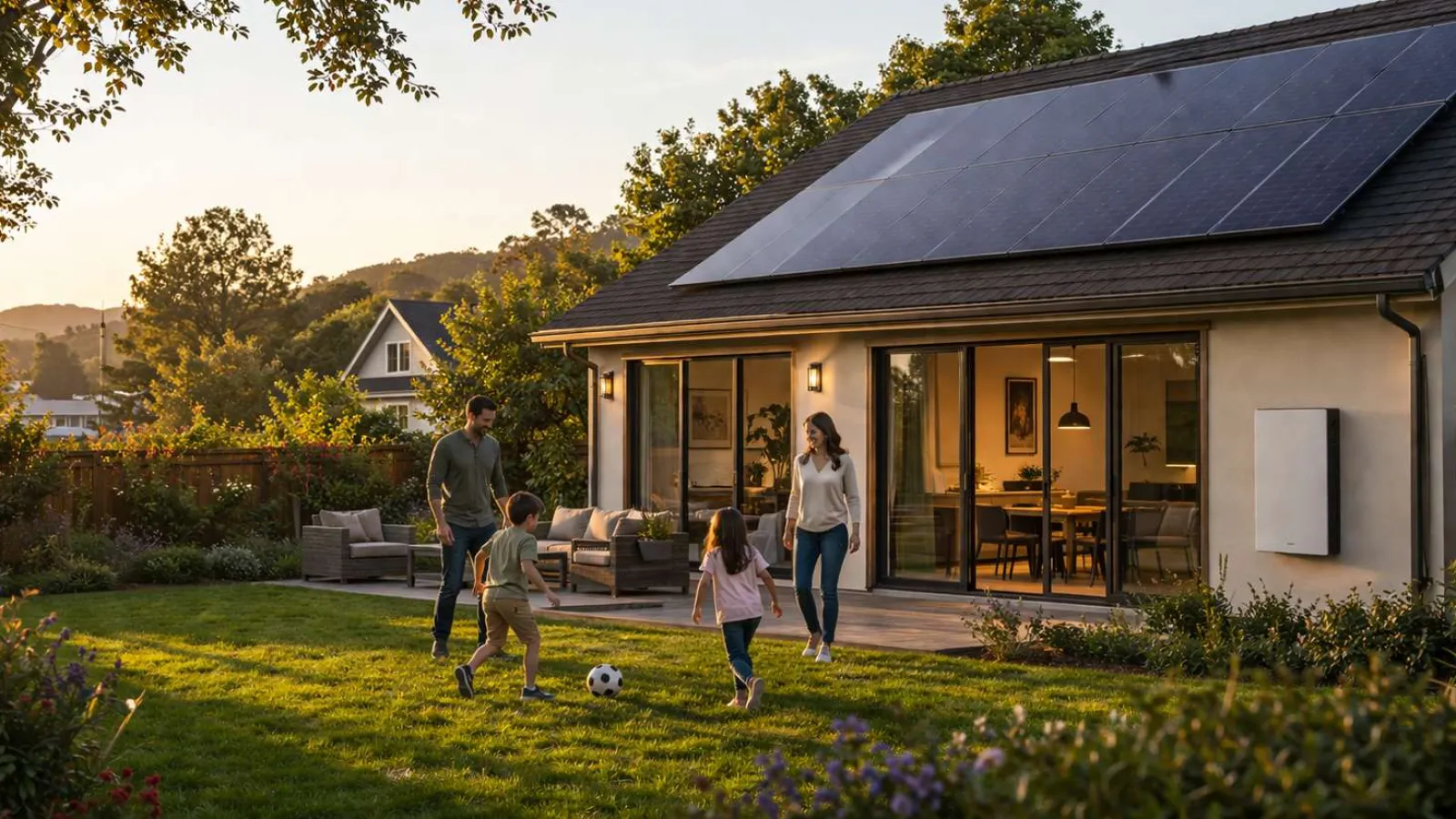 Family playing soccer in backyard of modern home with solar panels on roof during sunset.