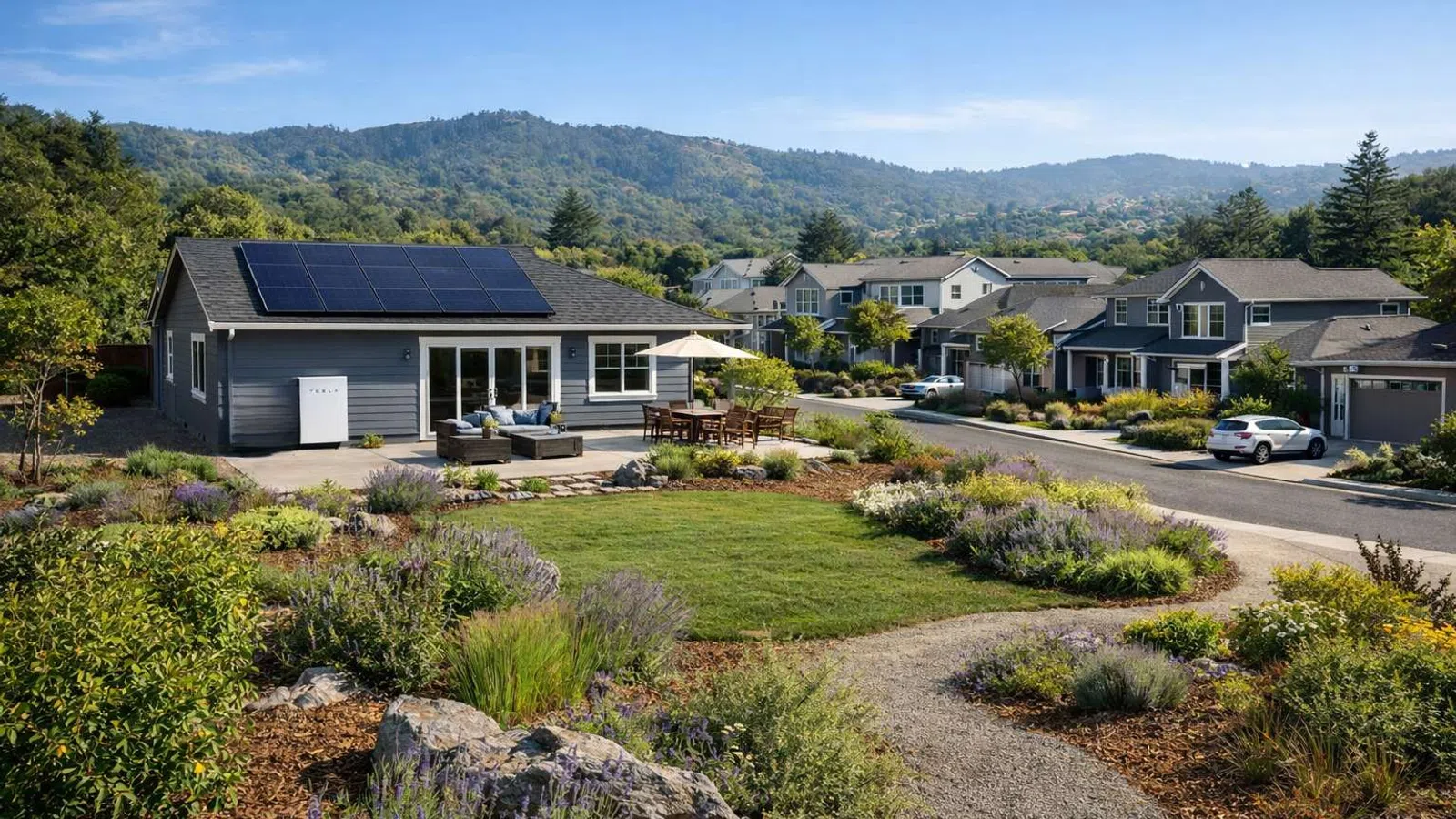 Modern suburban house with solar panels on roof, landscaped garden, and mountain backdrop under a clear sky