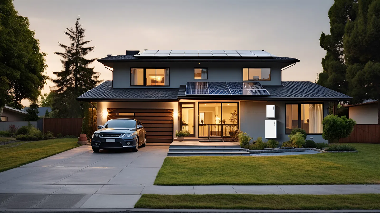 Modern two-story house with solar panels on roof, battery storage and electric car in driveway at dusk.