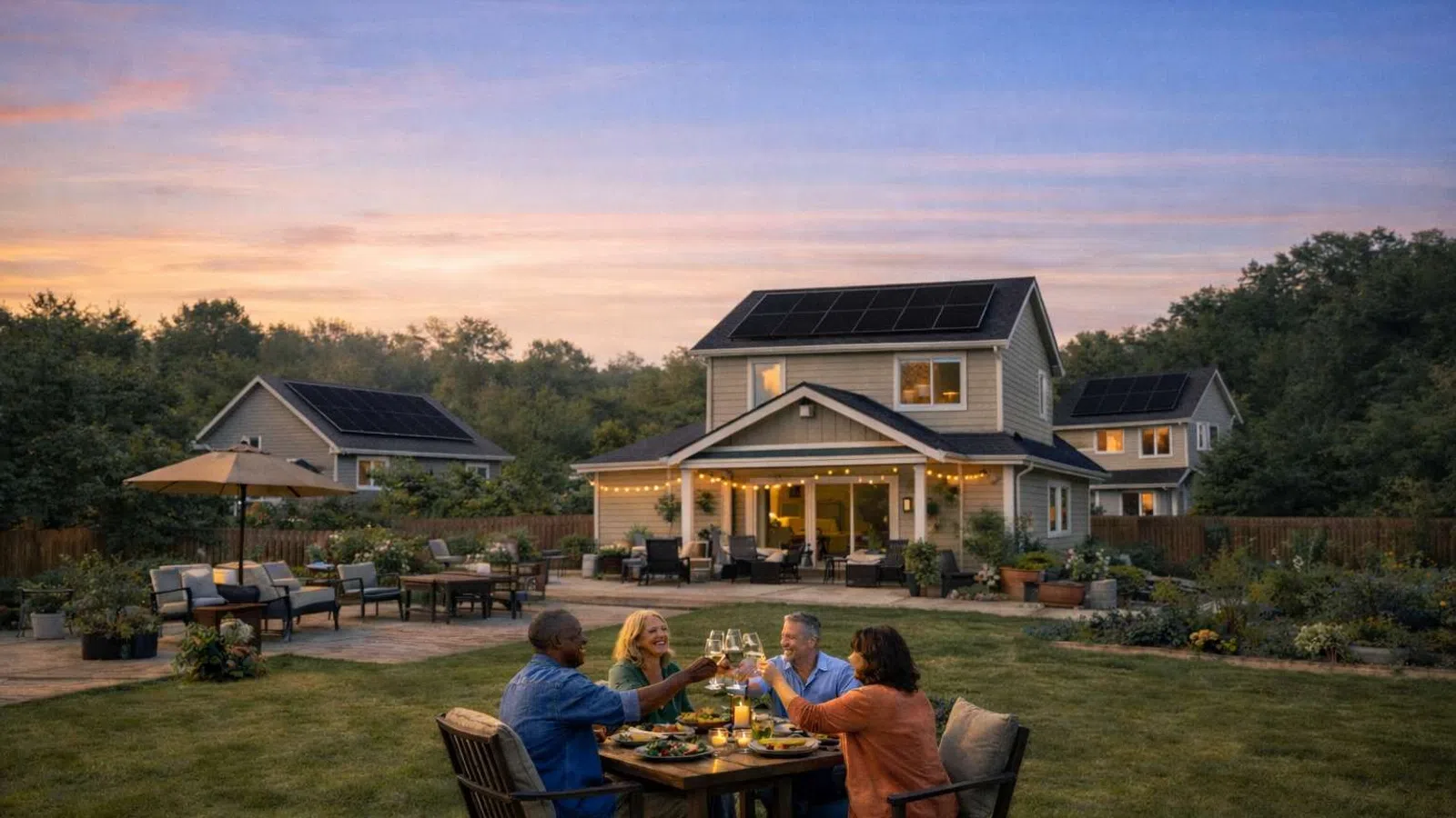 Friends clinking glasses at outdoor dinner in backyard of solar-powered home at sunset.