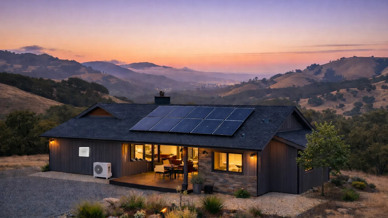 Modern house with solar panels on the roof at sunset in a mountainous rural landscape