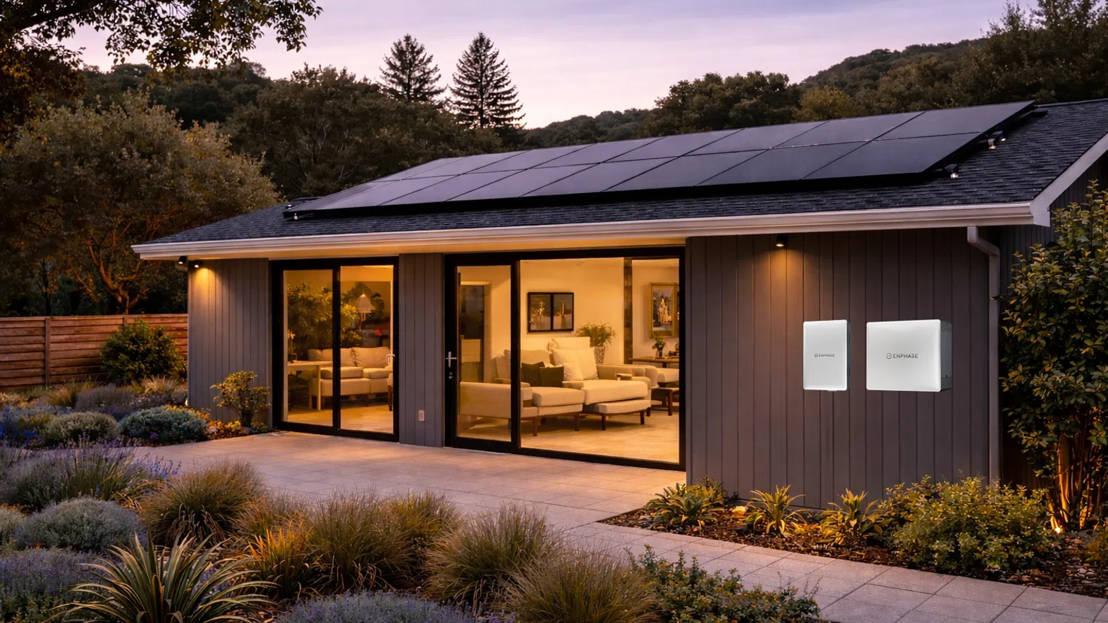 Modern home at sunset with solar panels on the roof and battery back up powering the home