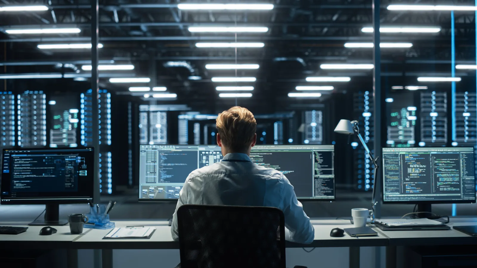 a person sitting at a desk with several monitors