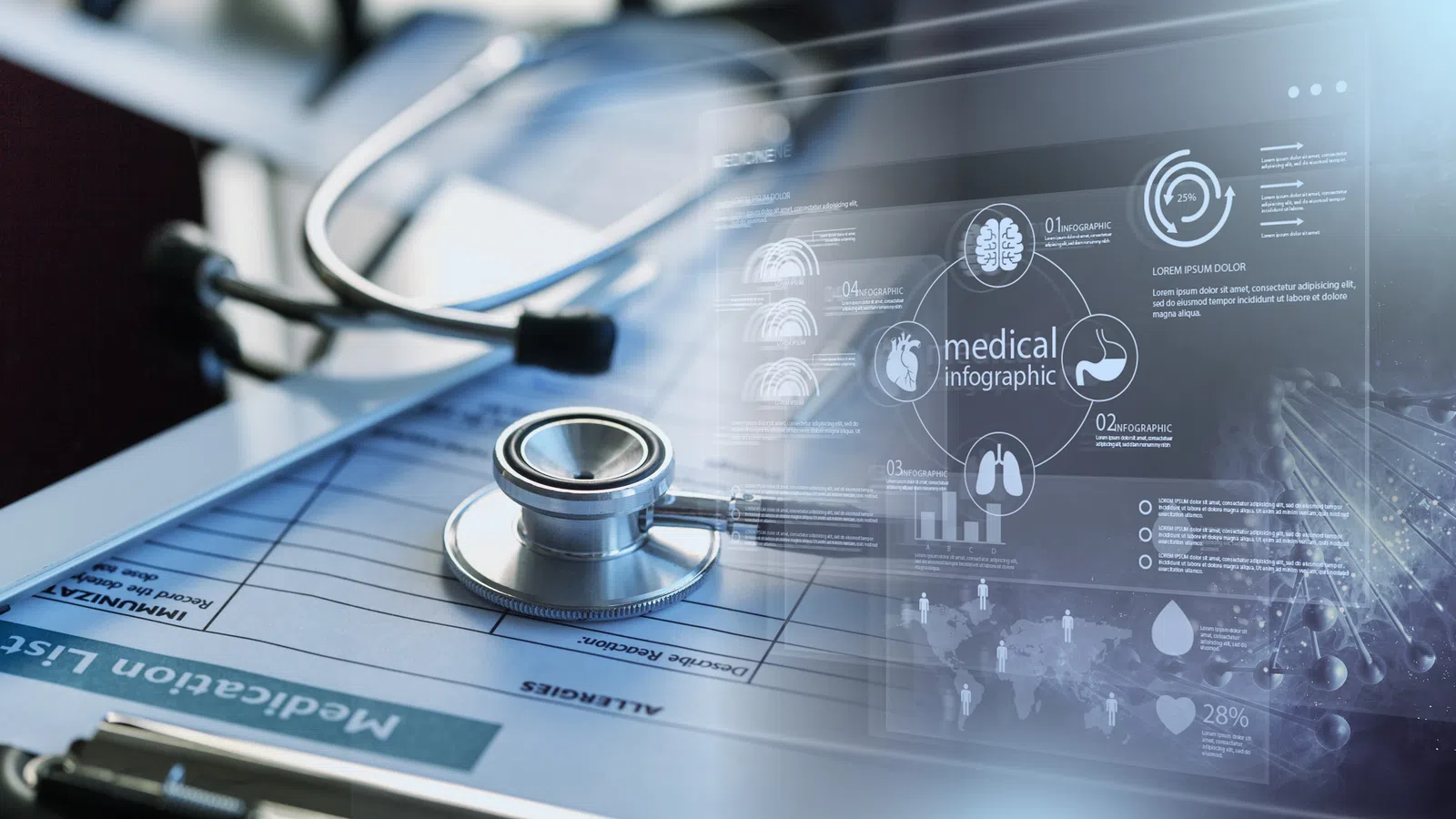 Stethoscope on medical form with digital medical infographic and DNA strand overlay in healthcare concept