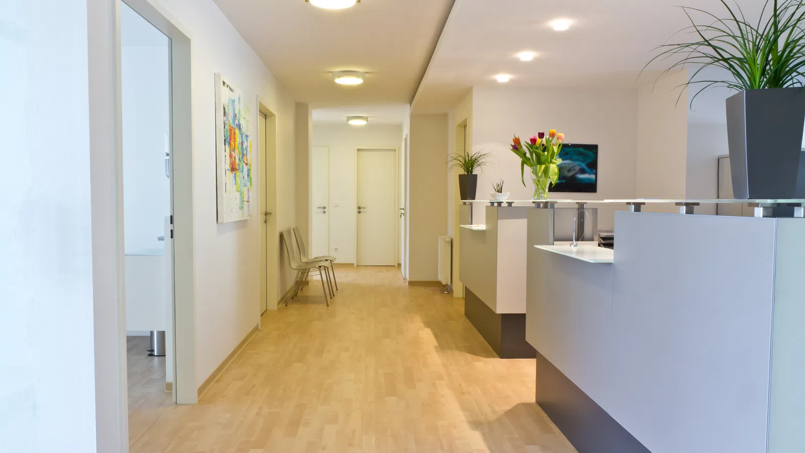 Modern medical office hallway with light wood flooring, white walls, a reception desk, and flower decorations.