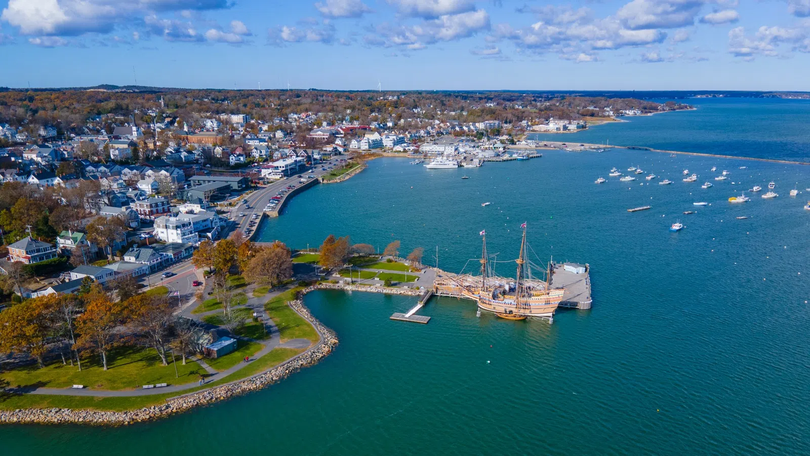 Aerial view of Plymouth Massachusetts with the Mayflower II at dock