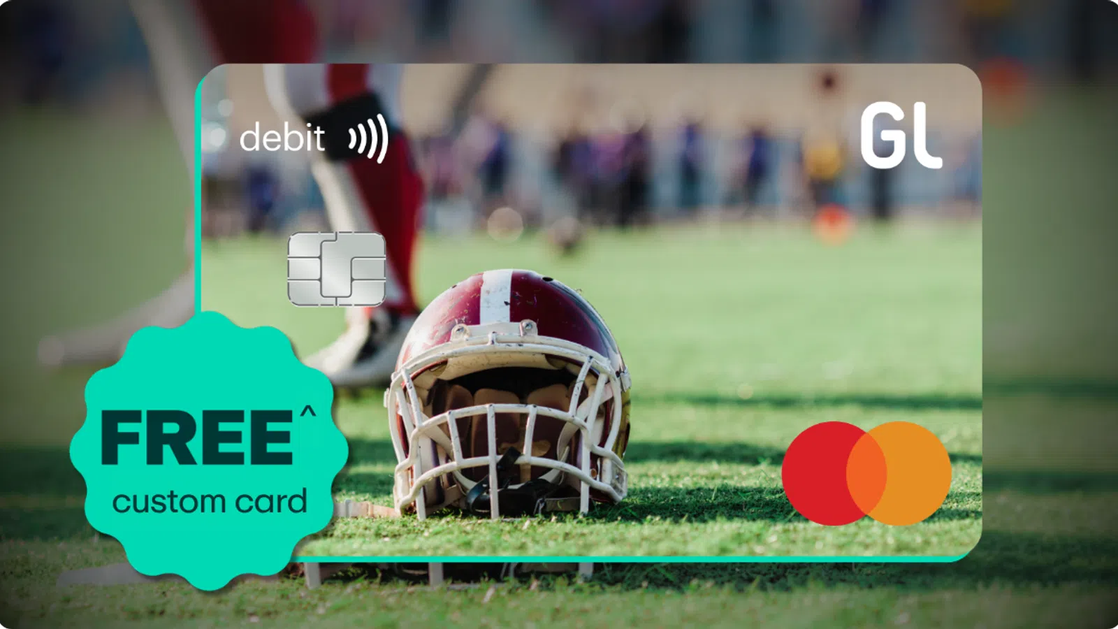 Custom debit card design featuring a football helmet on grass with a Free custom card label and Mastercard logo.