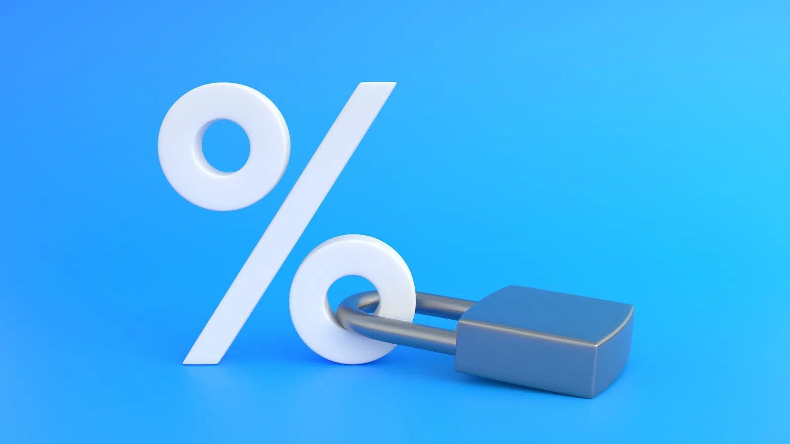 White percent symbol locked with a silver padlock on a blue background representing secured interest rates.