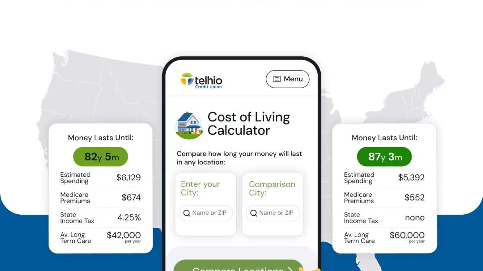 Webinar graphic showing a cost of living calculator for retirement location comparisons with spending details and map.