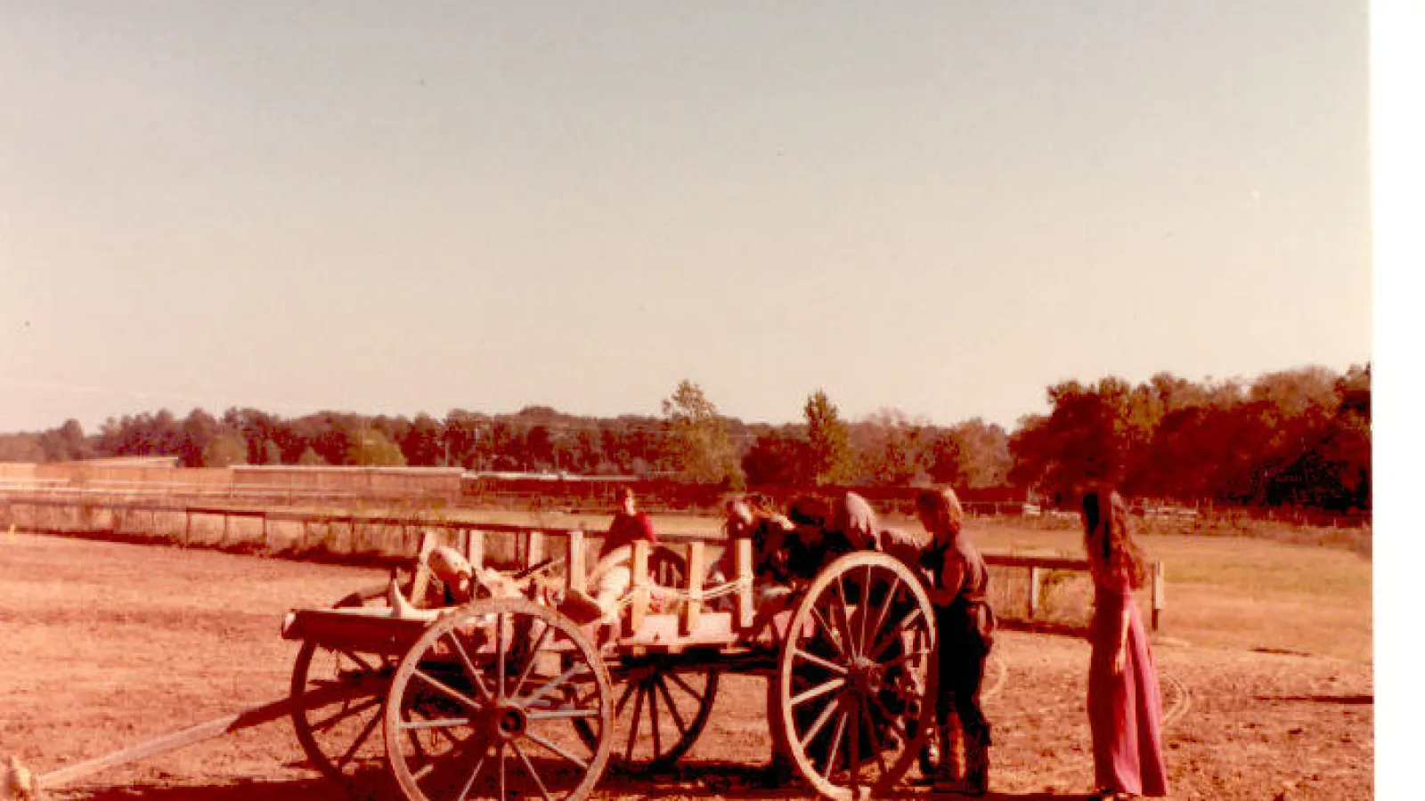 a man riding a horse drawn carriage traveling down a dirt road