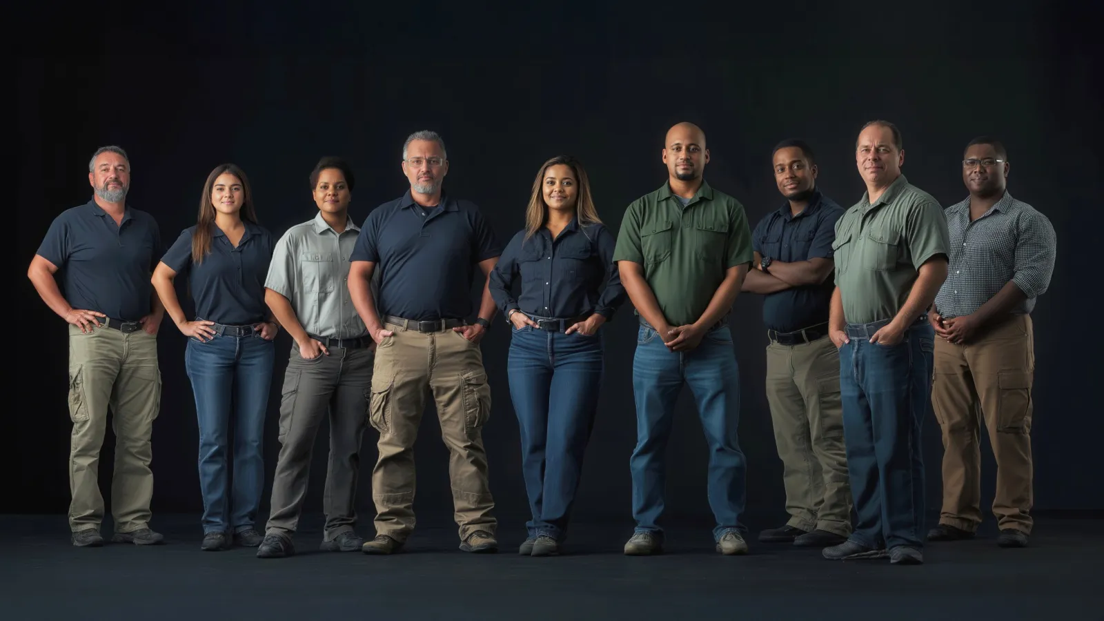 Diverse group of nine professionals standing confidently against black background in casual work attire.