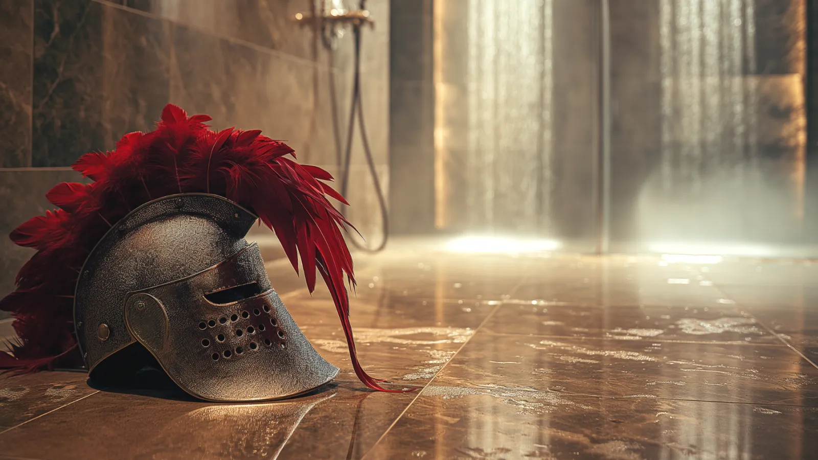 Roman-style helmet with red feathers on wet marble floor near modern shower with water cascading down