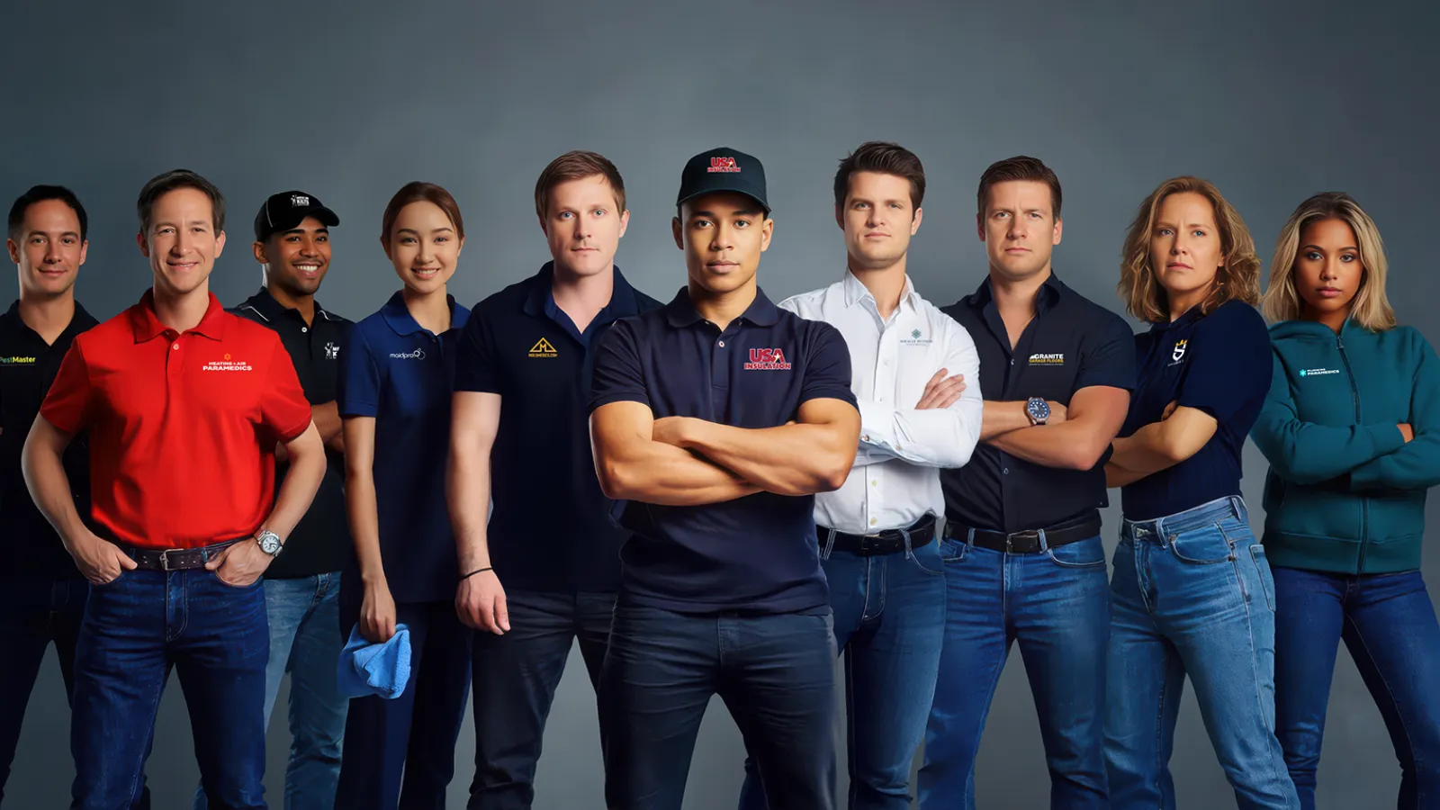 Diverse group of nine confident professionals standing together against a dark backdrop in casual and business attire