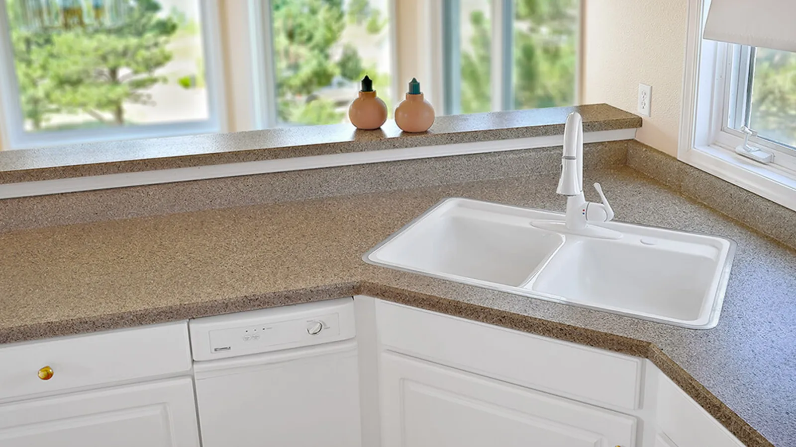 Modern kitchen countertop with white double sink, faucet, dishwasher, and soap dispensers by the window.