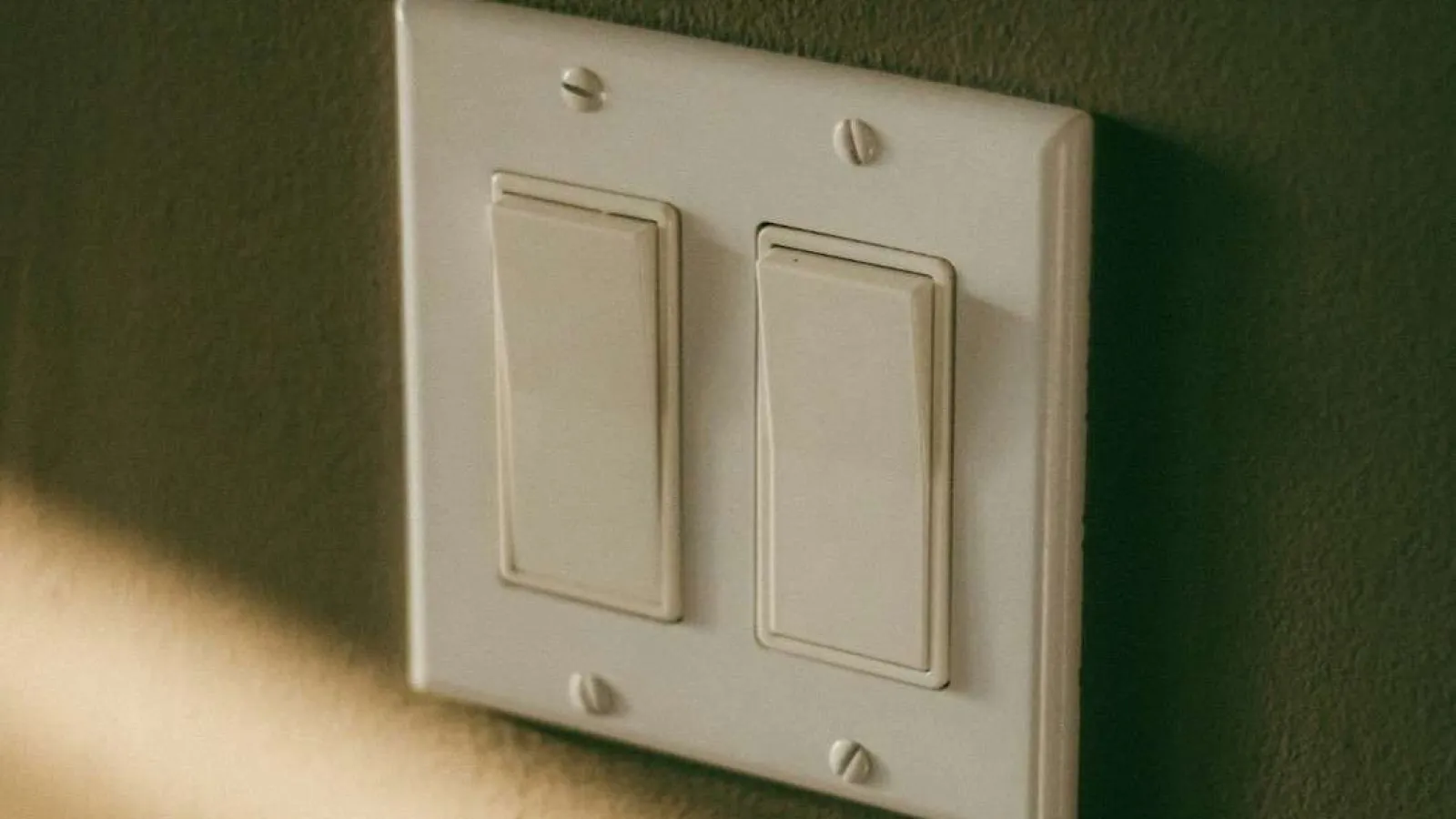 Beige double light switch on textured green wall with soft natural light casting shadows.