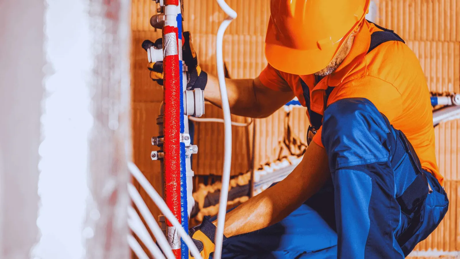 Plumber in orange and blue uniform fixing red and blue pipes inside a brick wall under construction.