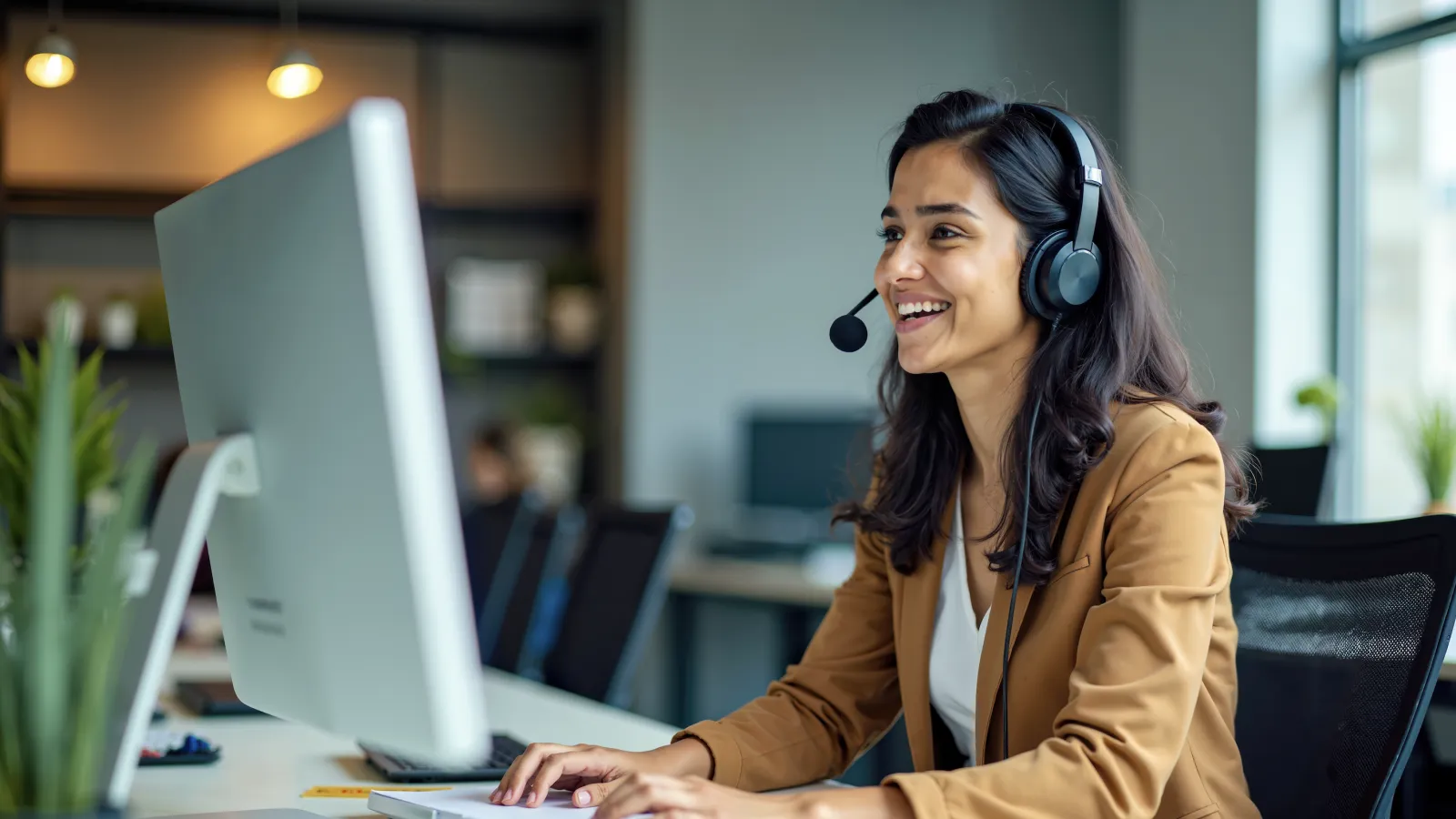 a woman wearing headphones and sitting at a desk with a computer