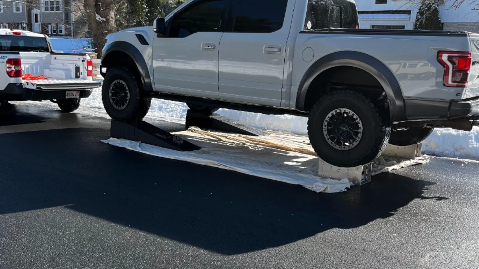 A truck up on ramps