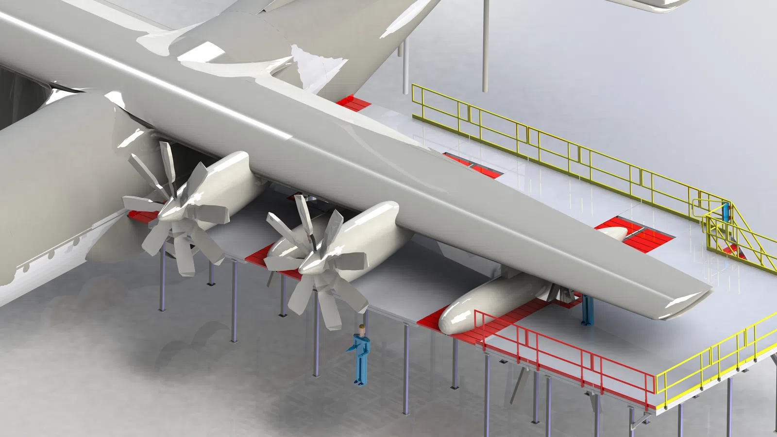 3D model of an aircraft wing with propellers and maintenance platform featuring safety railings and a technician figure.