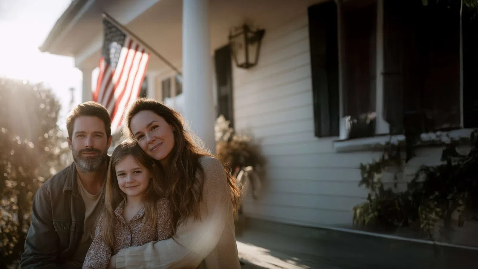 Happy family of three sitting on porch with American flag in background during sunset.