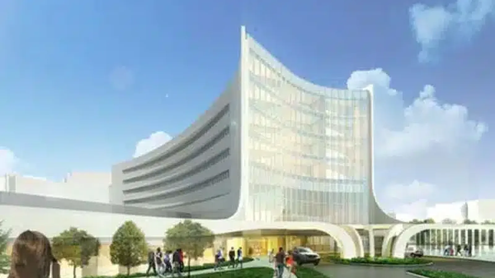 Modern curved glass building with pedestrians, trees, and a car under a blue sky with clouds.