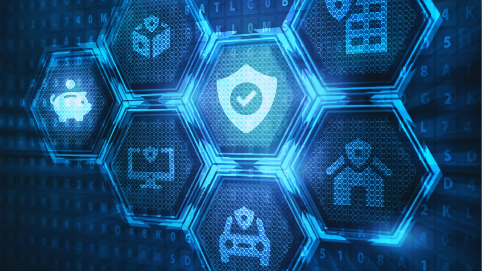 Futuristic blue hexagonal icons representing security, finance, technology, and home protection on digital background.