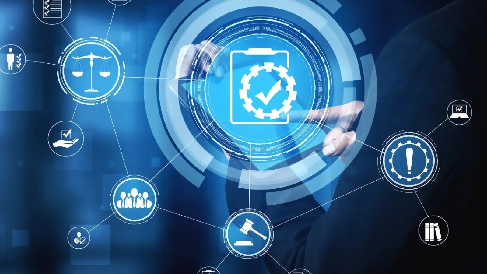 Businessman interacting with digital icons representing compliance, law, and document verification on blue interface.