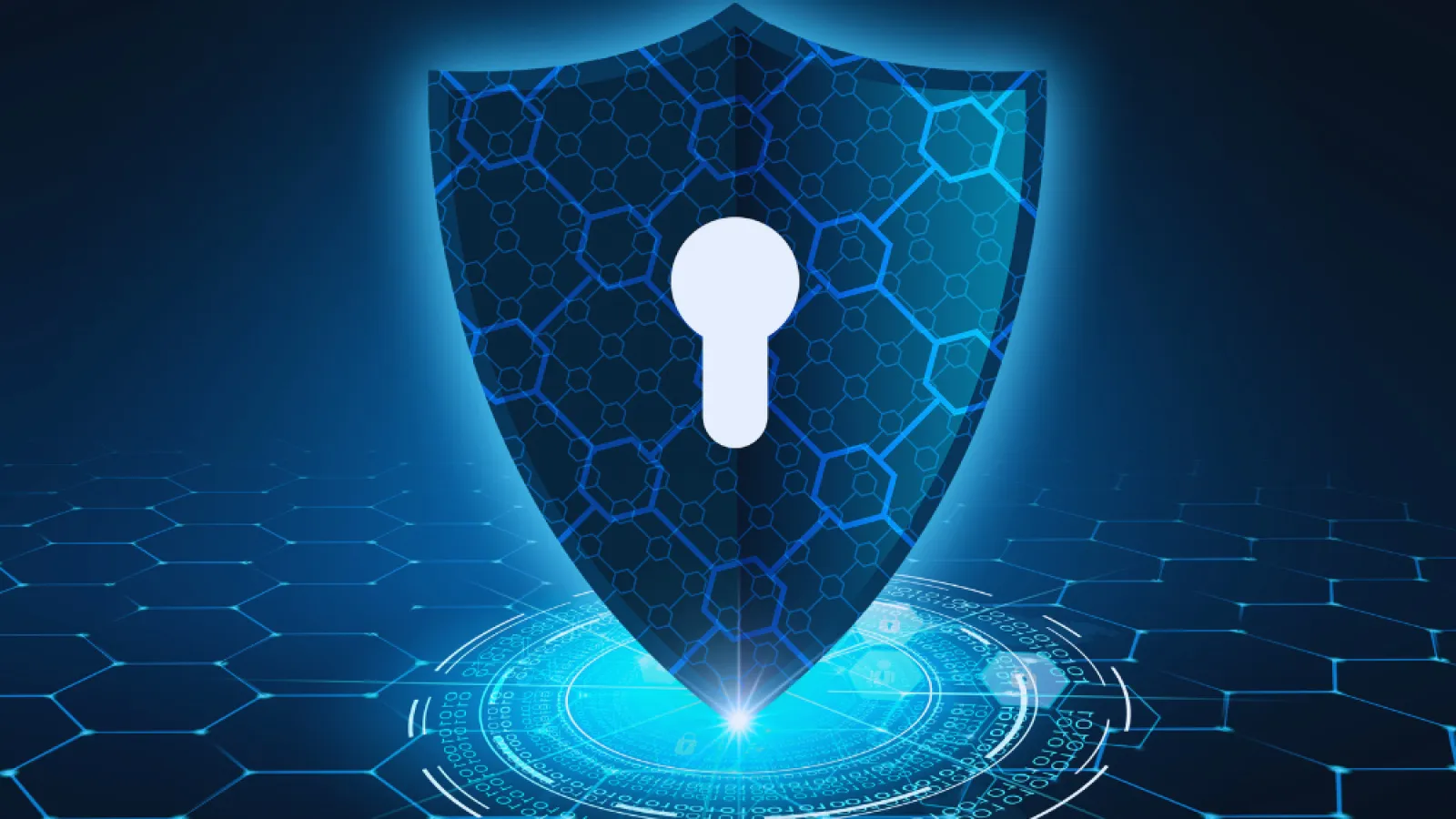 Blue digital shield with a keyhole symbolizing cybersecurity and data protection over hexagonal network background.