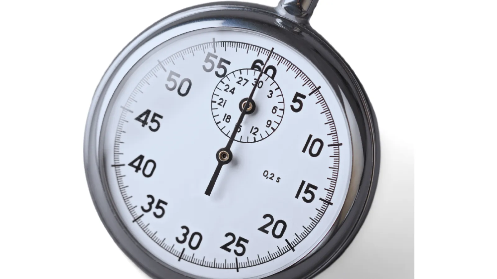 Close-up of a classic silver stopwatch with white face and black numbers on a white background