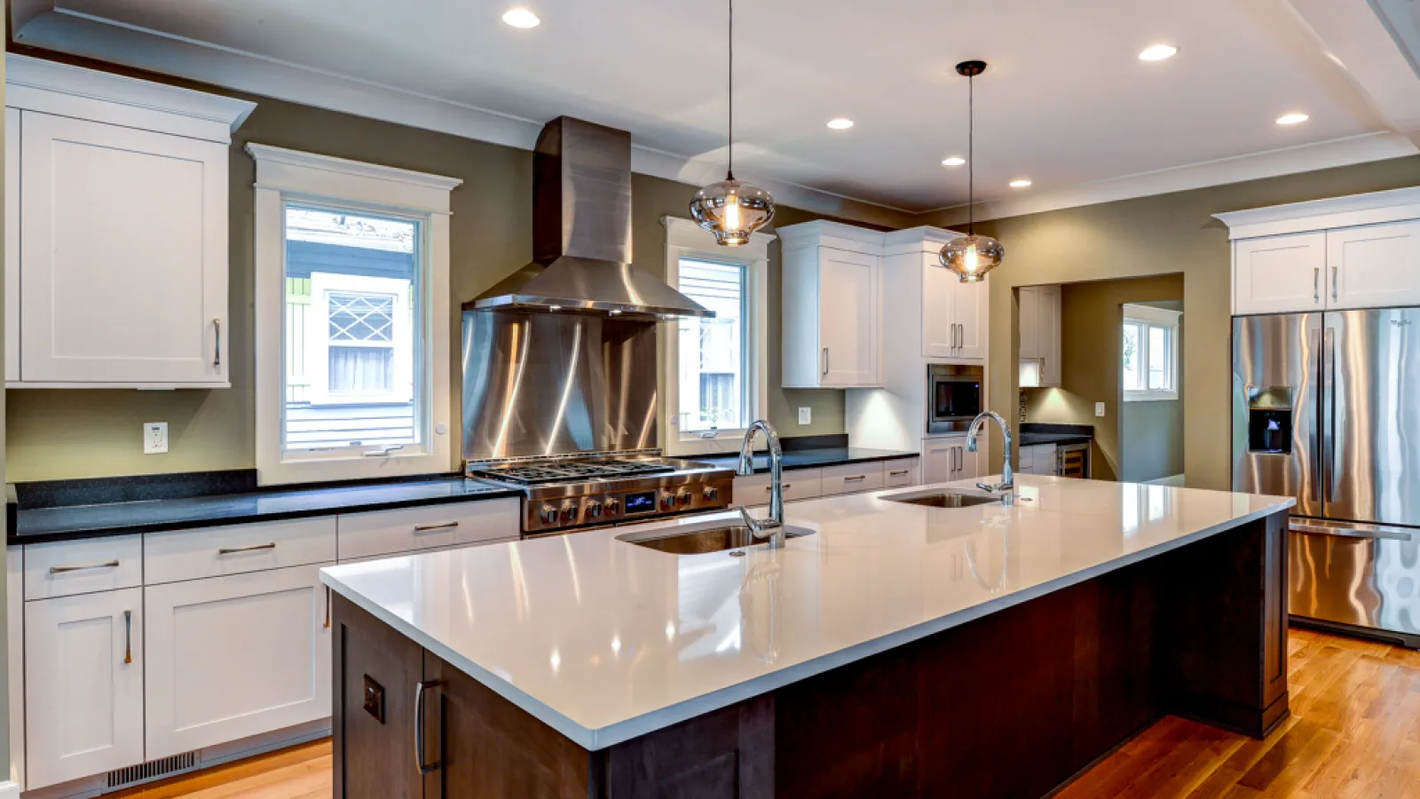 a kitchen with a large island