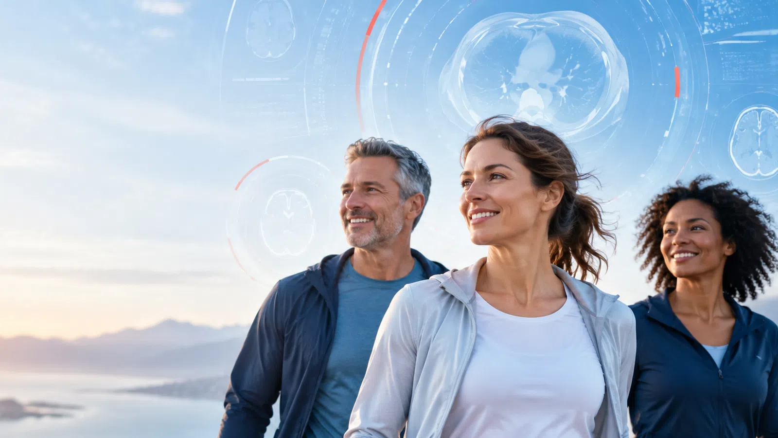 Three adults smiling outdoors with a modern health and wellness digital overlay