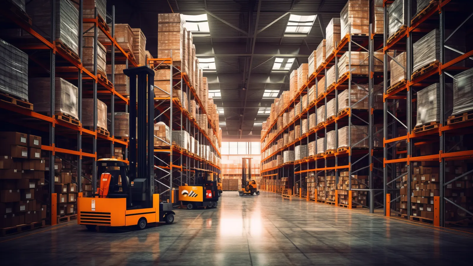 a large warehouse with a forklift