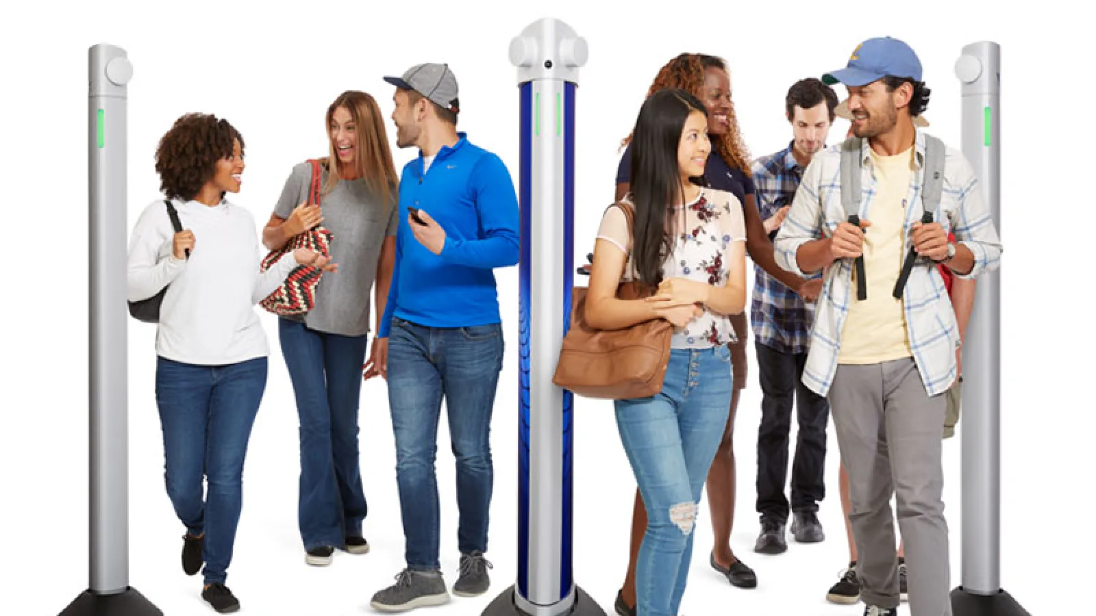 a group of people standing next to a light pole