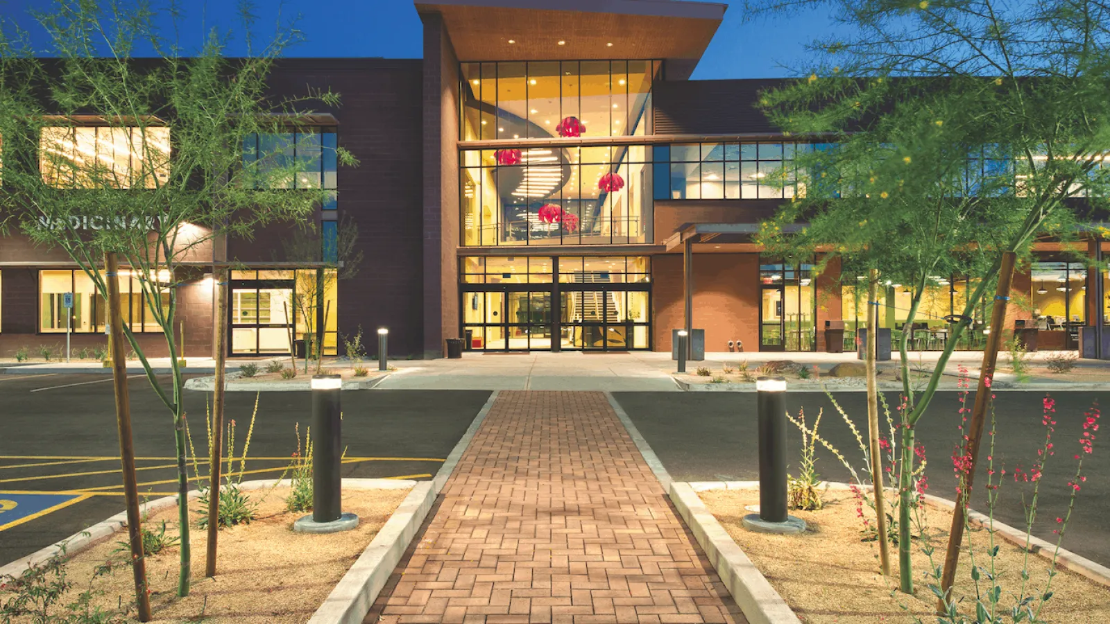 a building with a brick walkway