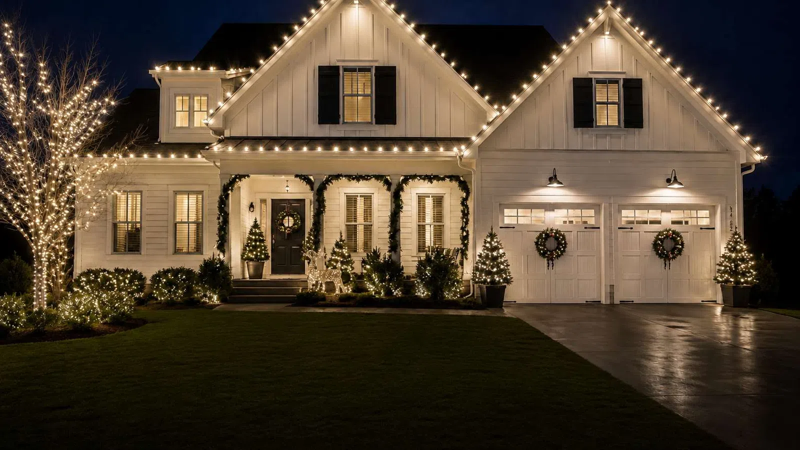 White house decorated with warm white Christmas lights and wreaths on the porch and garage at night.