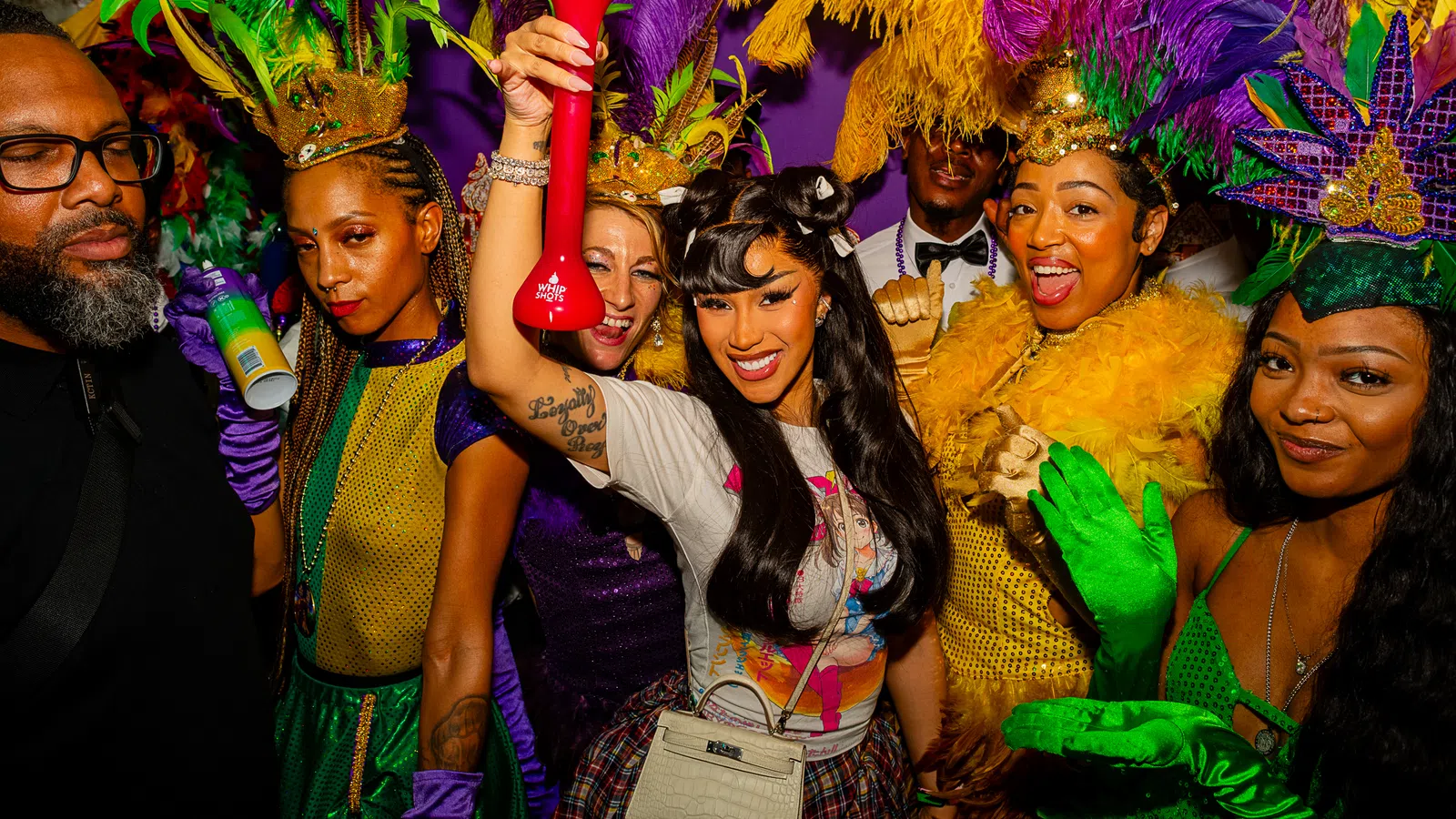 Group of people in colorful Mardi Gras costumes and feathers celebrating with drinks at a lively party.