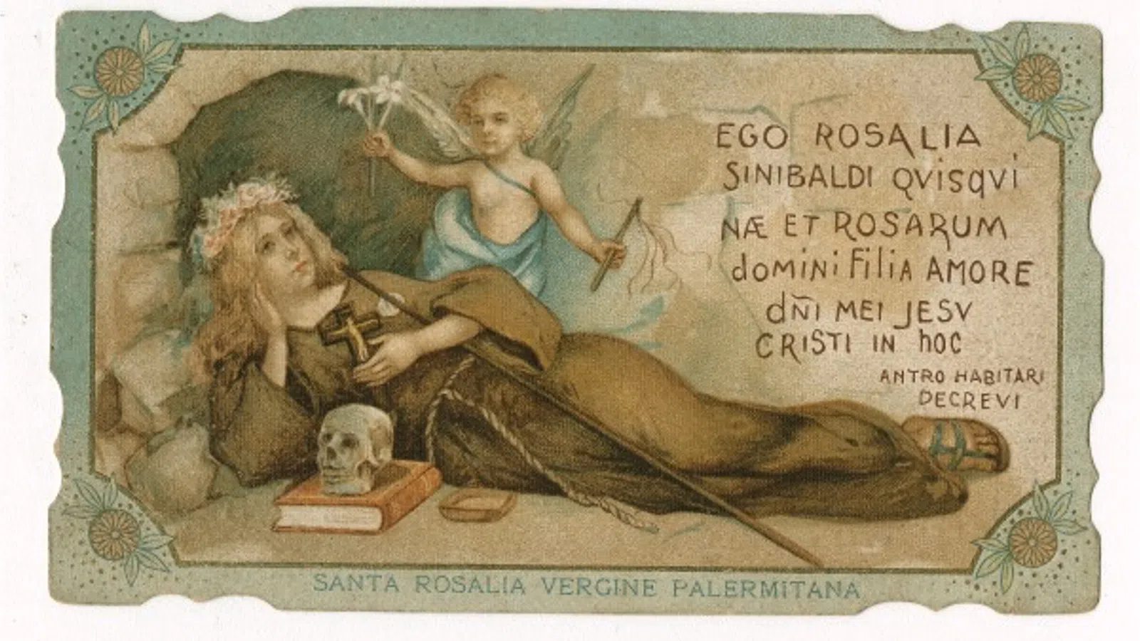 Vintage illustration of Saint Rosalia reclining with a skull, angel holding lilies, and Latin text on aged parchment.