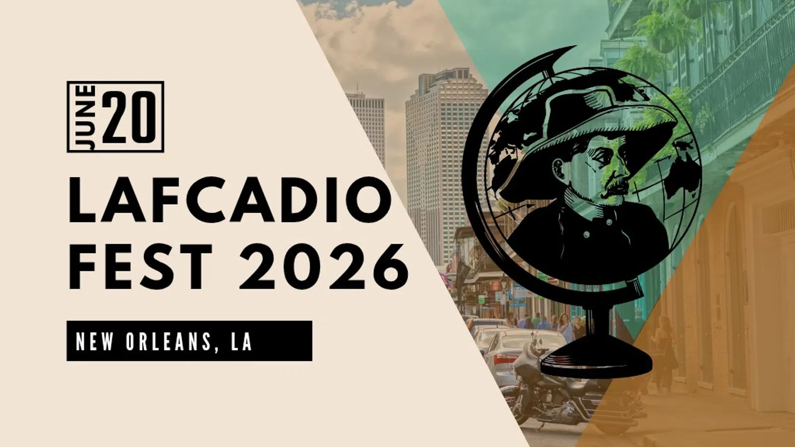 Lafcadio Fest 2026 in New Orleans event announcement with vintage portrait globe and cityscape background