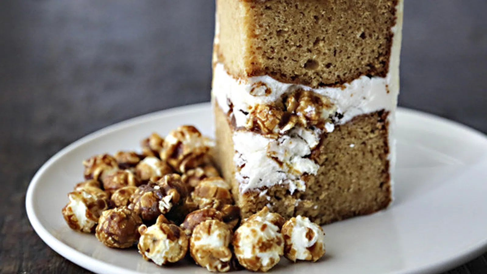 CRUNCHY CARAMEL POPCORN LAYER CAKE 