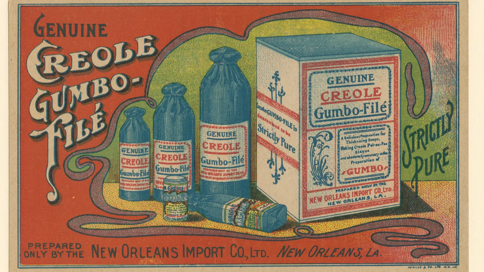 Vintage advertisement featuring Genuine Creole Gumbo-Filé products in various bottle and box sizes with colorful design.