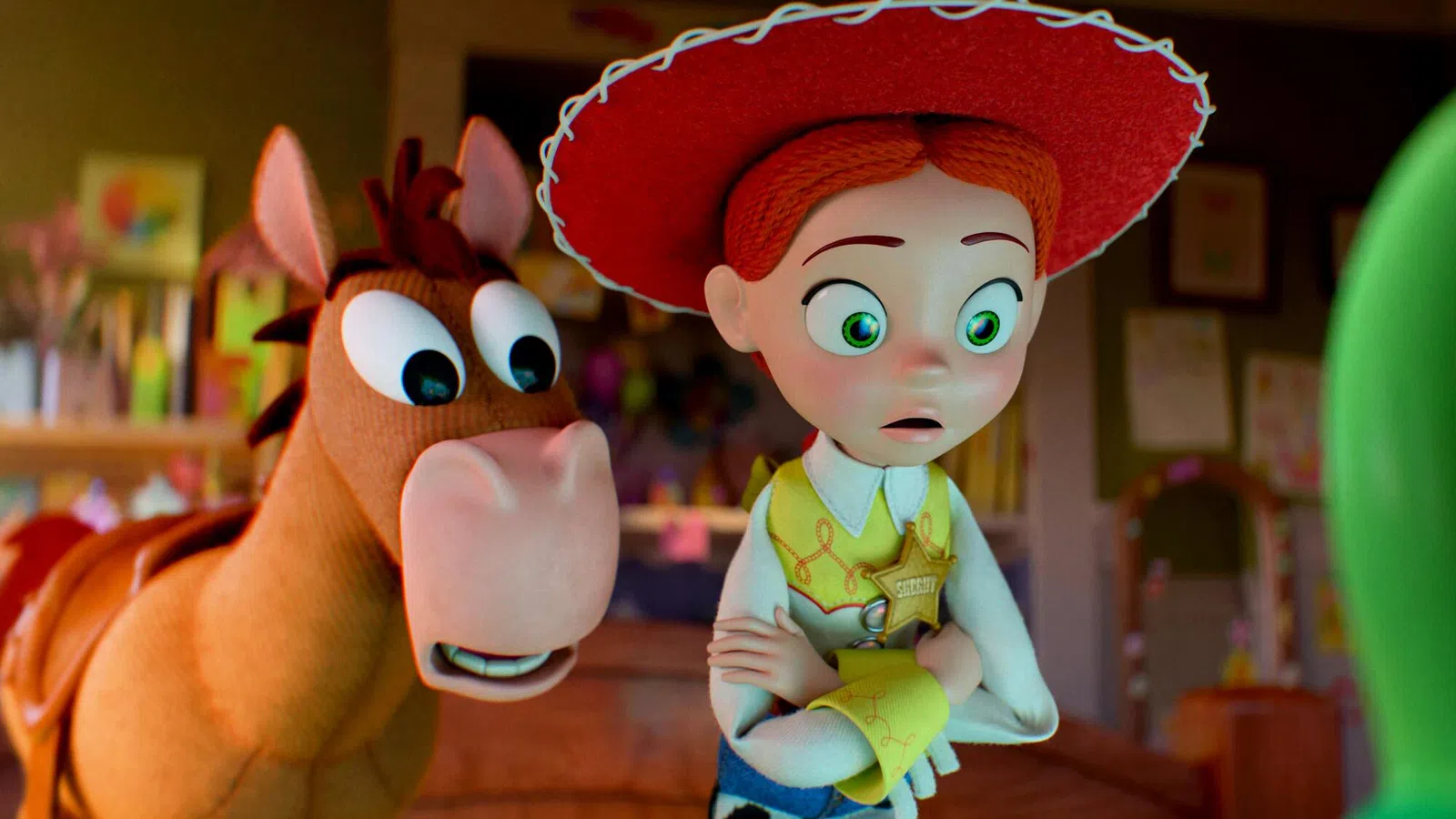Toy Story characters Jessie and Bullseye looking surprised in a colorful bedroom setting from the animated film.