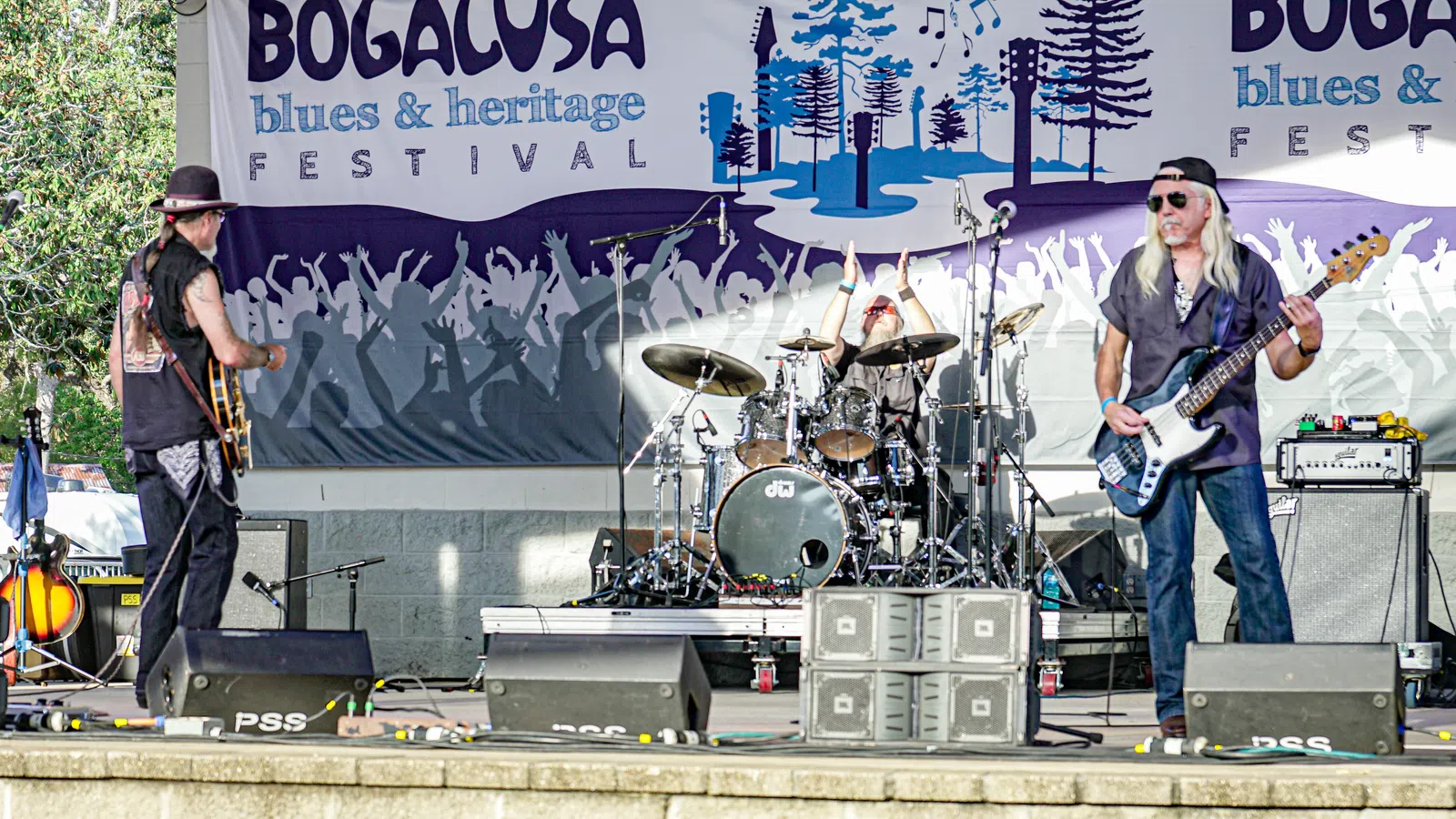 Live blues band performing on stage at the Bogalusa Blues and Heritage Festival outdoor event.